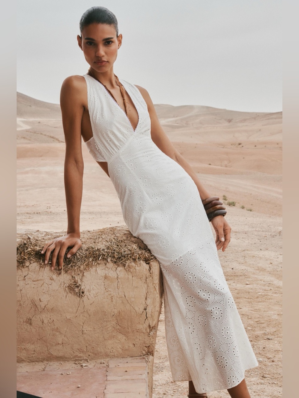 Zara White Eyelet Halter Maxi Dress